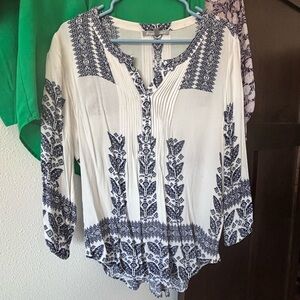 Women's White Peasant Blouse with Navy Folk Print